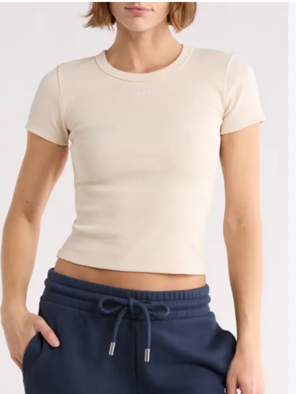 Off white for ever Women's Cream Ribbed Short-Sleeve Crop Tee